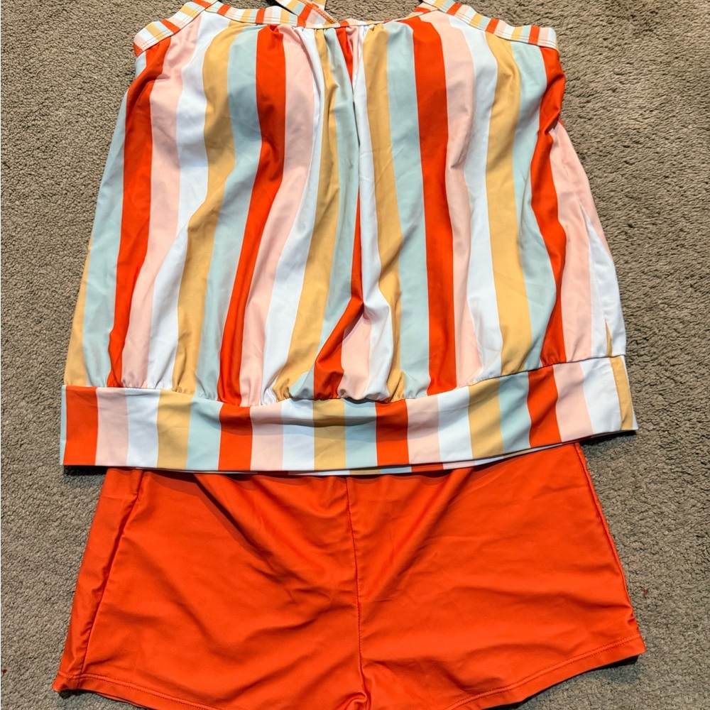 Striped Plus Size 2XL Tankini Swim Set Orange Swim Shorts Adjustable Strap
